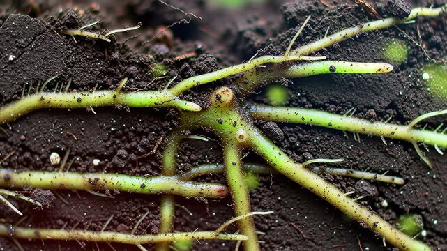 Close-up view of vibrant green root structures emerging from rich, dark soil, showcasing delicate textures and subtle details
