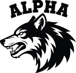Alpha typography with wolf head icon for wildlife badge design, black and white vector animal emblem, wild nature predator symbol and isolated mammal graphic illustration