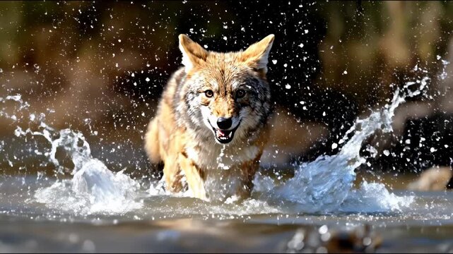 A coyote bursts through water, mouth open, creating splashes. The animal is in motion, close up with blurred background