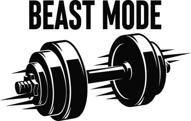 Beast mode typography with dumbbell icon for gym fitness logo design, black and white vector sports badge, strong muscle workout emblem and isolated graphic illustration