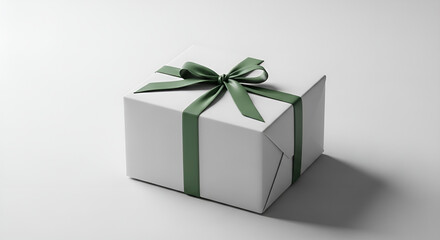 Obraz premium A beautifully wrapped white gift box with a simple green bow, isolated on a light surface with a soft shadow