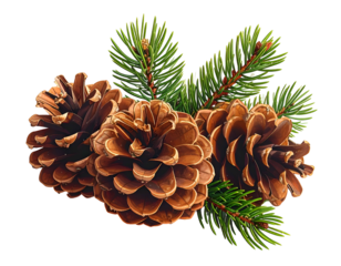 Brown pine cones nestled on green evergreen branches