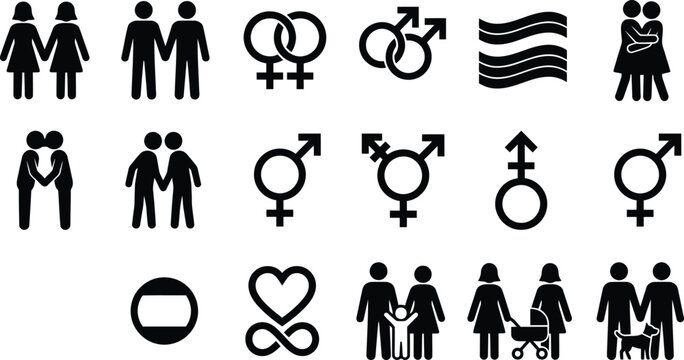 LGBTQ pride and gender identity silhouette icon set. Gay and lesbian couple, transgender sign, rainbow flag, and same sex family parents symbols for human rights vector collection design element.
