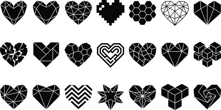 Polygonal and modern abstract love shape black glyph icons. 3D cube structure, wireframe network, maze labyrinth, and gemstone facet symbols for futuristic graphic vector set art illustration design.
