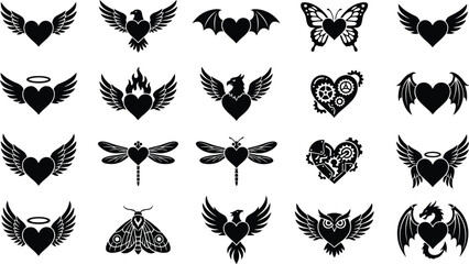 Winged heart tattoo and gothic silhouette icon set. Angel feather wings, devil bat style, steampunk gear, and butterfly insect symbols for rock biker sticker vector collection design element art.