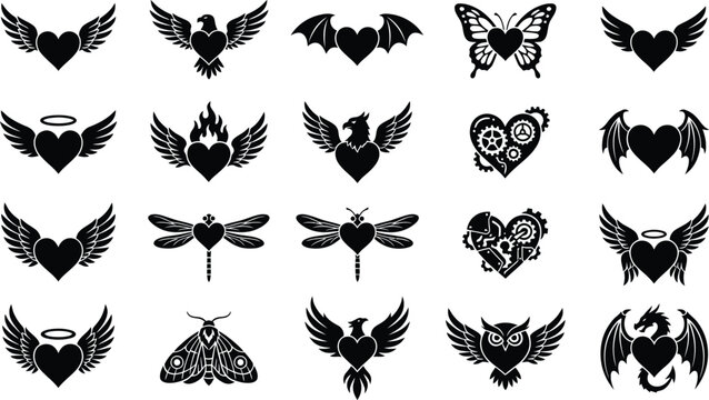 Winged heart tattoo and gothic silhouette icon set. Angel feather wings, devil bat style, steampunk gear, and butterfly insect symbols for rock biker sticker vector collection design element art.