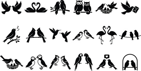 Valentine day bird and nature animal black glyph icons. Flying pigeon with letter, swallows in cage, wedding ring nest, and singing sparrow symbols for spring holiday graphic vector set art design.