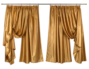 Elegant gold satin drapes, luxuriously gathered and hung from a rod