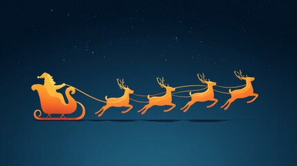 Naklejka premium Glowing orange Santa Claus in sleigh pulled by five reindeer flying across a dark blue starry sky