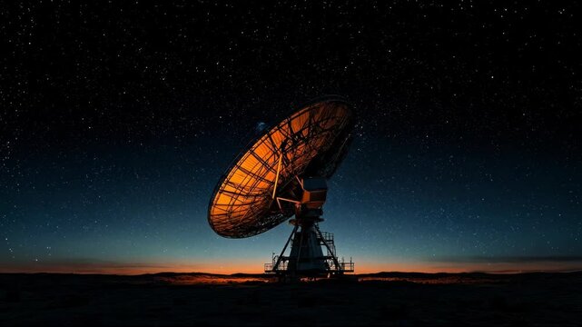 A large, parabolic antenna illuminated in warm light sits under a starry night sky. The horizon glows in shades of orange