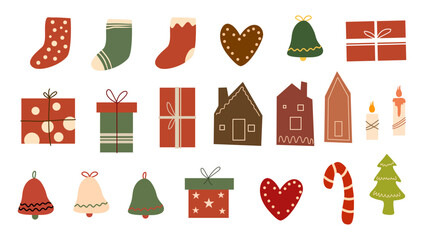 Christmas icons gifts stockings houses festive set