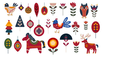 Scandinavian folk animals flowers illustration collection