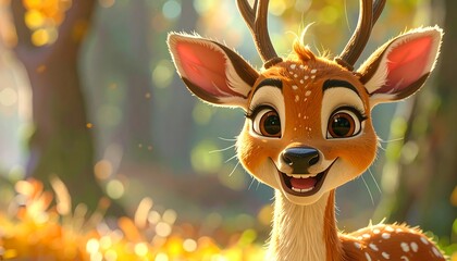 An adorable fawn smiles brightly, its large brown eyes sparkling with joy. The forest background is blurred with autumn colors