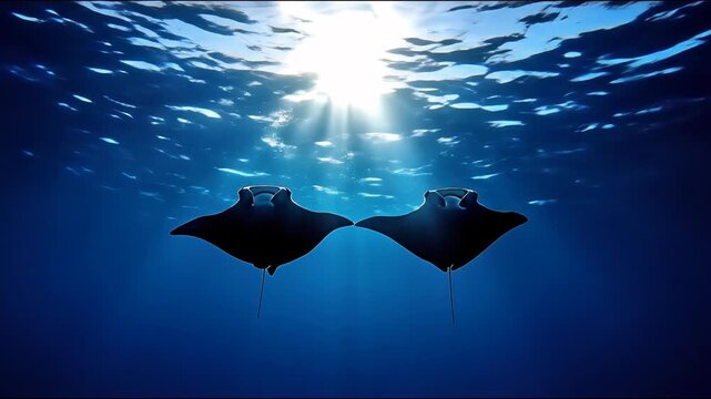 Two manta rays glide gracefully in deep blue waters beneath the sunlit surface. Beams of light pierce through the waves above