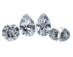 Four sparkling, cut gemstones oval, round, pear, and oval