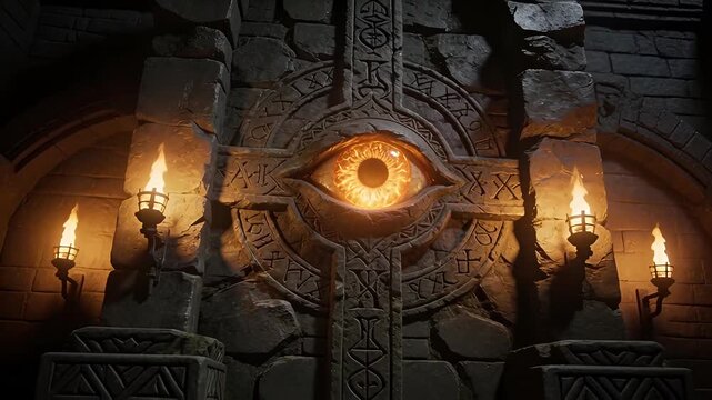 Ancient Stone Carving of a Giant Eye Illuminated by Torches.