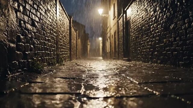 Dramatic Evening Rain Illuminated Narrow Alleyway with Reflections and Texture