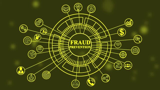 Digital concept of fraud prevention with interconnected icons representing security, finance, data analysis, and business processes in a glowing yellow line art style on a dark background