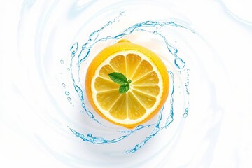 Fresh lemon slice with water droplets isolated on a white background. Fresh water splash on orange