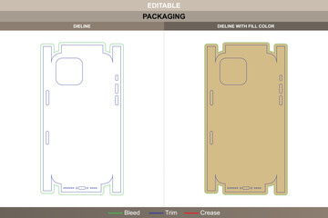 Mobile phone case dieline designed by vector mapping enhancing printing accuracy packaging form clean die line structure defines compact fitting with durable edge contour