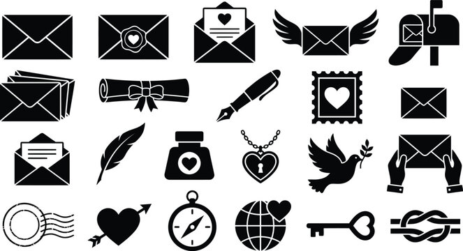 Love letter and envelope silhouette icon set. Romantic mail, flying winged message, heart stamp, feather quill pen, and dove bird symbols for valentine day correspondence vector collection design.