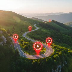 Travel & Navigation Landscape, Winding road goes through vibrant green hills at bright sunrise. Many red location pins mark specific points along journey path. Shows map, navigation, progress, future 
