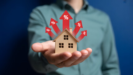 Hand holding house model with upward arrows symbolizing rising household expenses and utility costs


