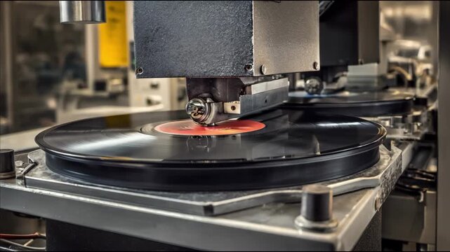 Closeup of traditional vinyl pressing machine with heated plates shaping black records in a factory setting showcasing industrial manufacturing process.