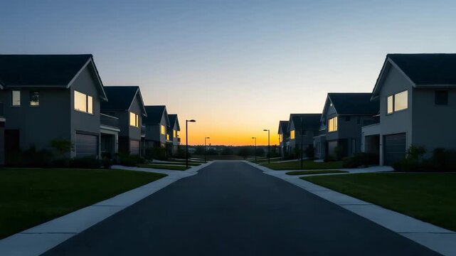 Modern suburban street with houses lined up along the road at sunset or sunrise