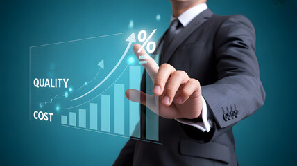Businessperson pointing at digital graph showing rising trend with quality and cost indicators