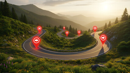 Travel & Navigation Landscape, Winding road goes through vibrant green hills at bright sunrise. Many red location pins mark specific points along journey path. Shows map, navigation, progress, future 
