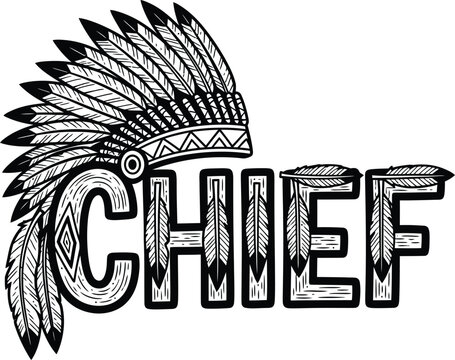 Indian chief headdress vector illustration with Chief text for native american culture themes on a transparent background.