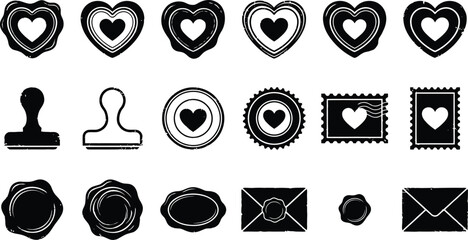 Vintage wax seal and stamp silhouette icon set. Royal crown, mail envelope, lion head, compass, and feather quill symbols for official document and wedding invitation vector collection design.  © ArtMint