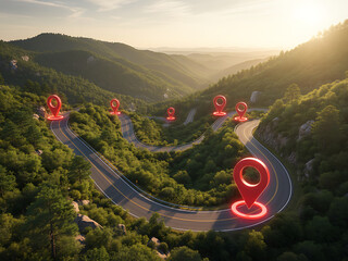 Travel & Navigation Landscape, Winding road goes through vibrant green hills at bright sunrise. Many red location pins mark specific points along journey path. Shows map, navigation, progress, future 