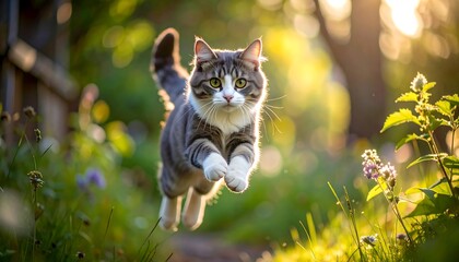 A fluffy, tabby feline leaps through a sunlit, grassy meadow. Its eyes are focused, tail raised, with a blurred background