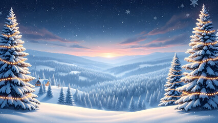 Snowy landscape with pine trees and mountains at sunset