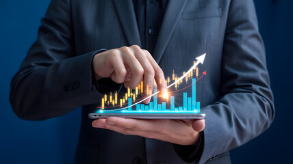 Businessperson holding tablet with 3D financial charts symbolizing data analysis and financial technology