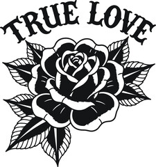 Rose flower and heart vector illustration with True Love text for tattoo and romance themes on a transparent background.