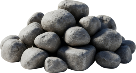 A large pile of smooth gray rounded stones is displayed against a transparent background rocks natural boulder pebbles rough