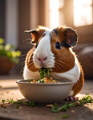 A fluffy, tricolor rodent enjoys a leafy meal from a ceramic bowl outdoors, basking in warm sunlight