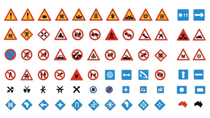Vector set of yellow triangle road safety icons for traffic warning and construction signs
