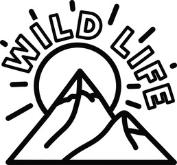 Wild life typography with mountain landscape icon for outdoor badge, black and white vector nature emblem, travel hiking scenery symbol and isolated adventure graphic illustration