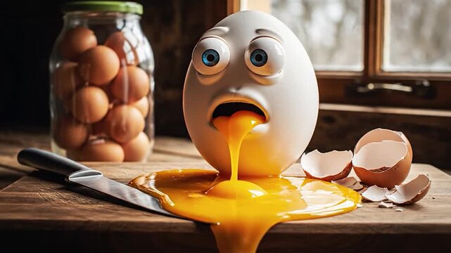Cartoon egg character expelling yolk funny kitchen scene with broken shells and fresh eggs