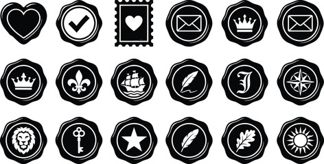 Retro sealing wax and certification badge black glyph icons. Heraldic fleur de lis, ship anchor, sun star, and antique key symbols for letter correspondence decoration graphic vector set art.  © ArtMint