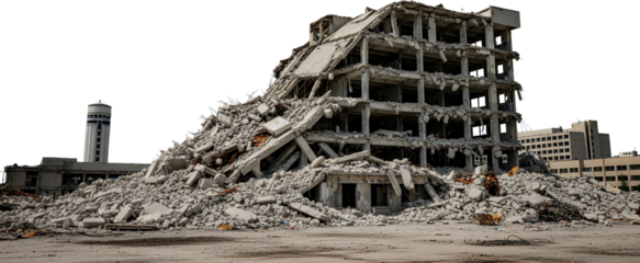 Ruined concrete building debris pile with intact tower and modern structures in background destruction demolition collapse