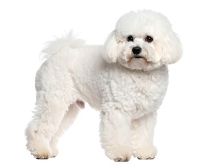 A fluffy, white canine with curled fur stands, facing forward against a plain white background. Its expression is alert