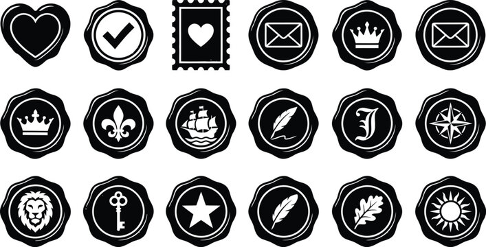 Retro sealing wax and certification badge black glyph icons. Heraldic fleur de lis, ship anchor, sun star, and antique key symbols for letter correspondence decoration graphic vector set art.
