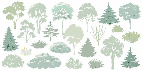 A collection of simplified pale green trees and bushes in varying shapes © Ramanath