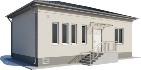 A light colored single story building with a dark roof multiple windows a white door and a concrete staircase with a railing isolated on a transparent