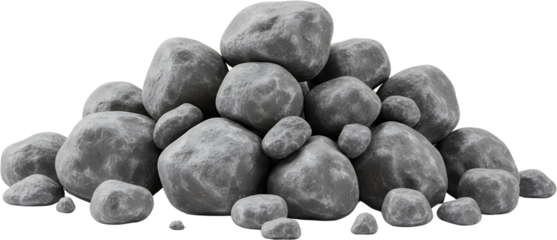 A textured pile of various gray rounded stones and pebbles is displayed against a transparent background rocks grey natural